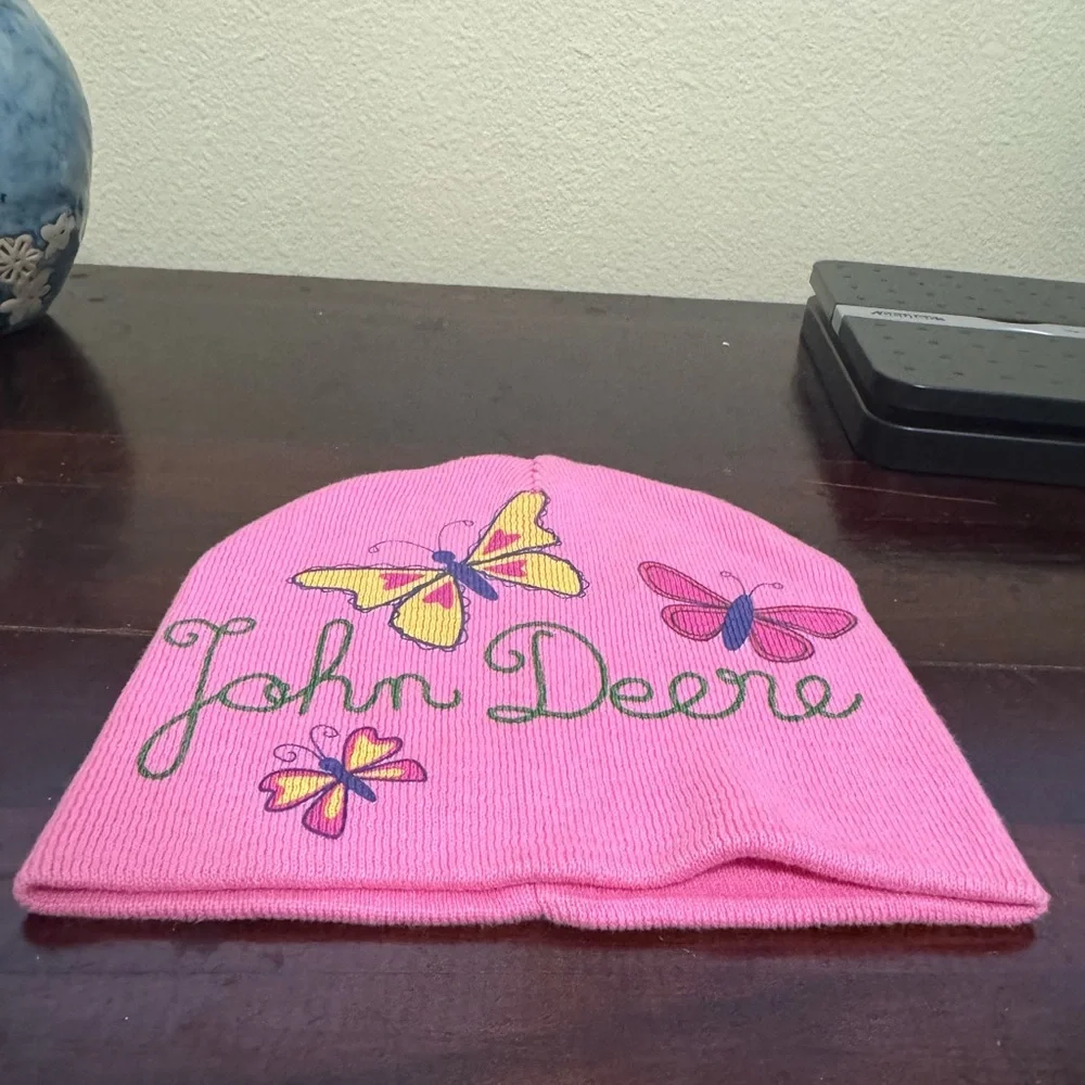 Girls Pink John Deere Beanie Butterflies